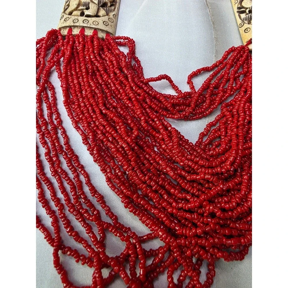 Vintage‎ Red Multi Strand Seed Bead Elephant Carved Statement Necklace Boho